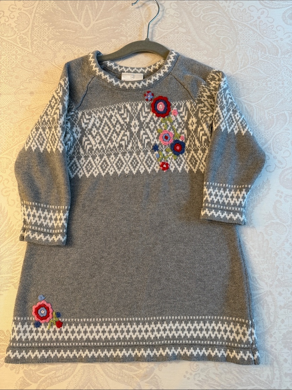 Hanna Andersson Grey Knit Dress with Colorful Floral Embroidery